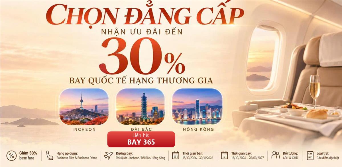 Sun PhuQuoc Airways ưu đãi đến 30% bay quốc tế hạng Thương gia đi Incheon, Đài Bắc, Hồng Kông